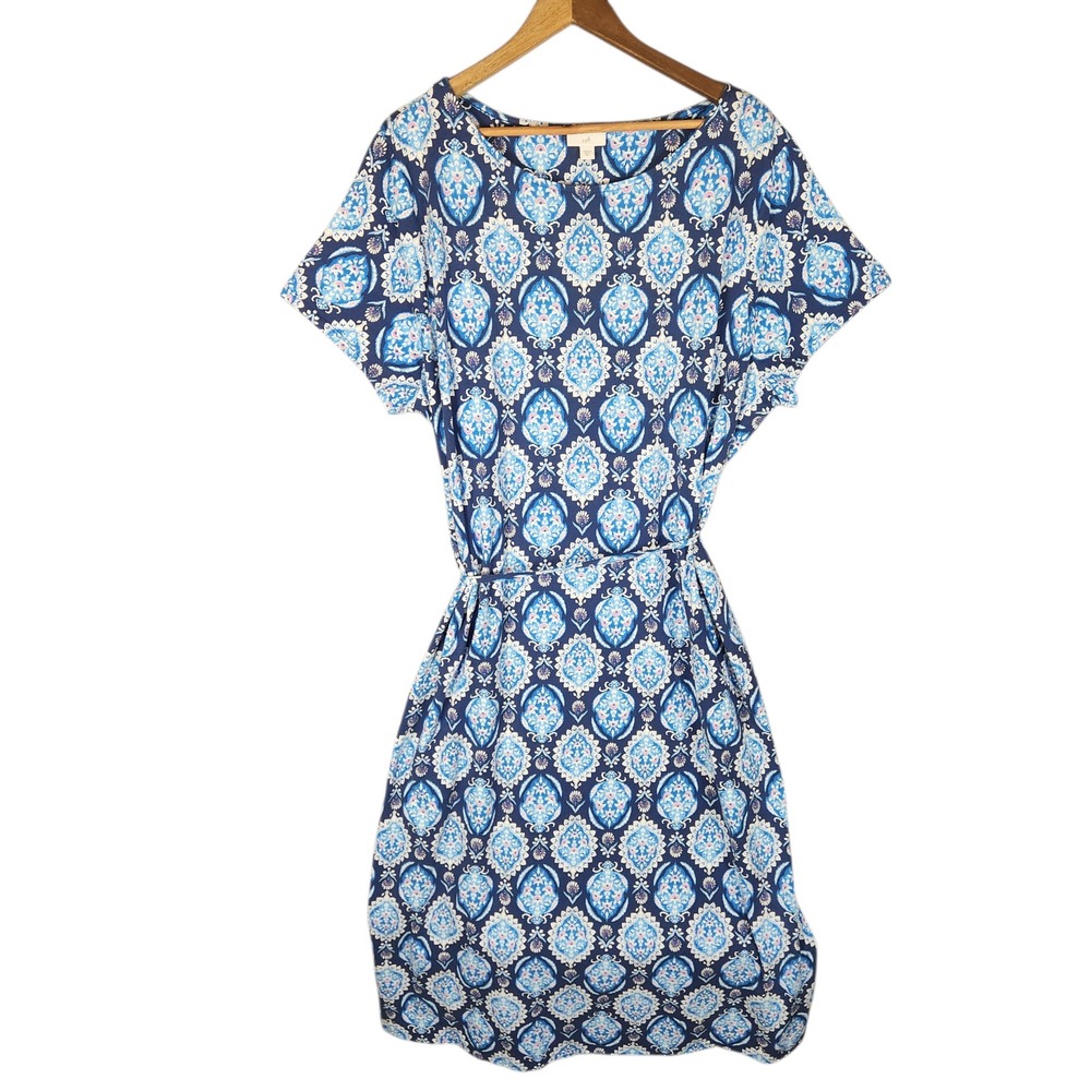 J.‎ Jill Dress 3X Blue Geometric Midi Tie Waist Pockets Stretch Knit NWT